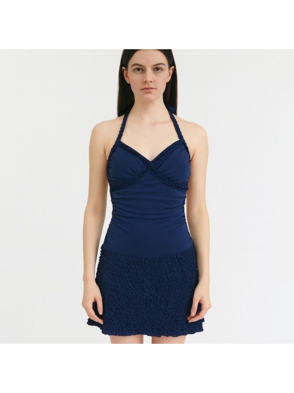 Y2K Slate Blue Frederick's of Hollywood Halter Mini Coquette Dress 👗Size XS